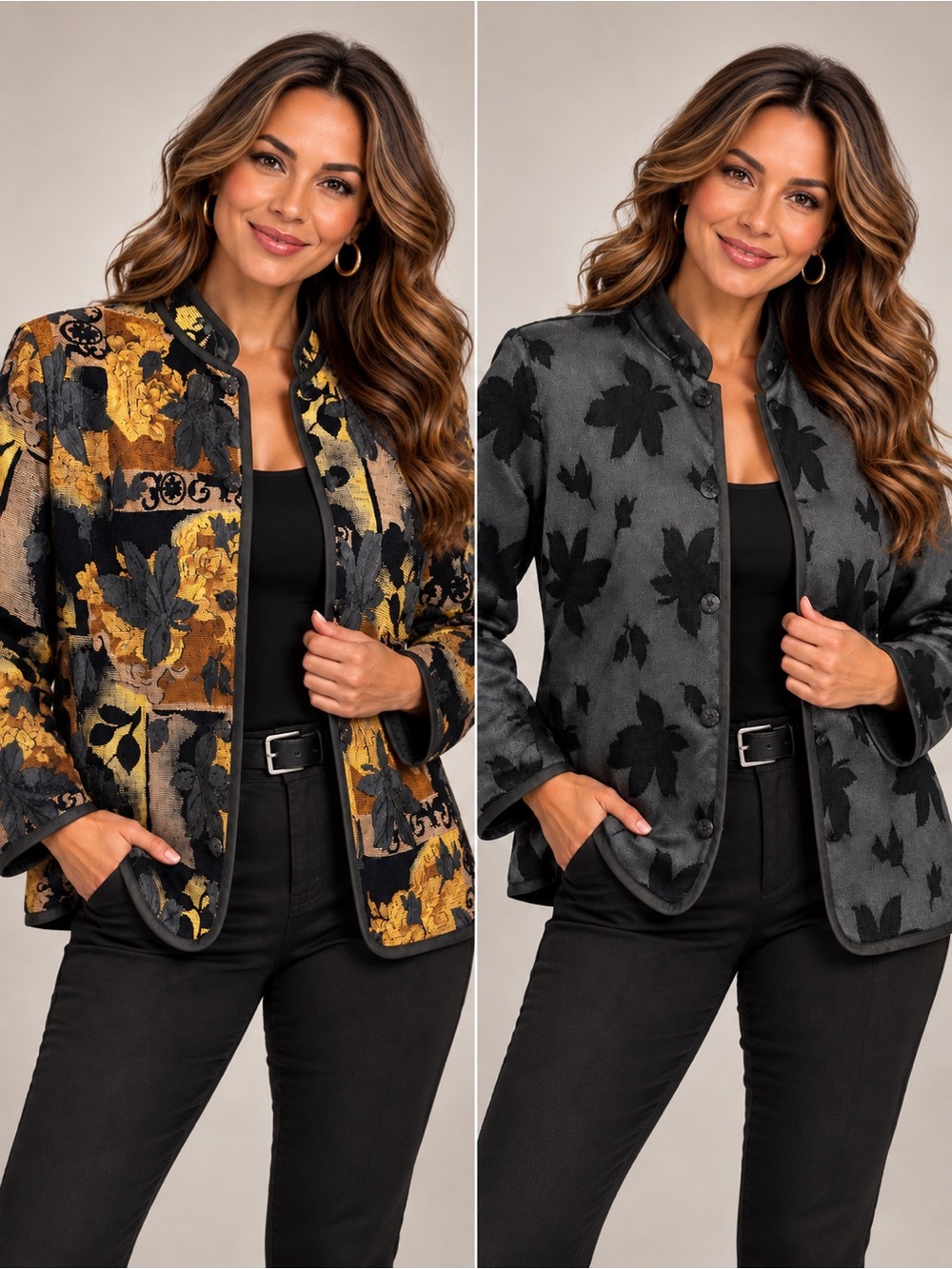 Vintage Reversible Tapestry Jacket Floral Leaf Mandarin Collar Button Front Art